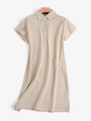 Solid Pocket Button Lapel Short Sleeve Casual Midi Dress