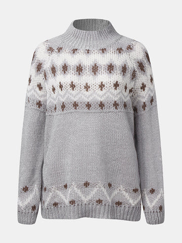 Women Vintage Pattern Knit Raglan Sleeve Casual Pullover Sweaters