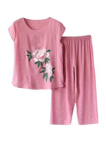 Women Flowers Print Plus Size Pajamas Loose Short Sleeve Loungewear