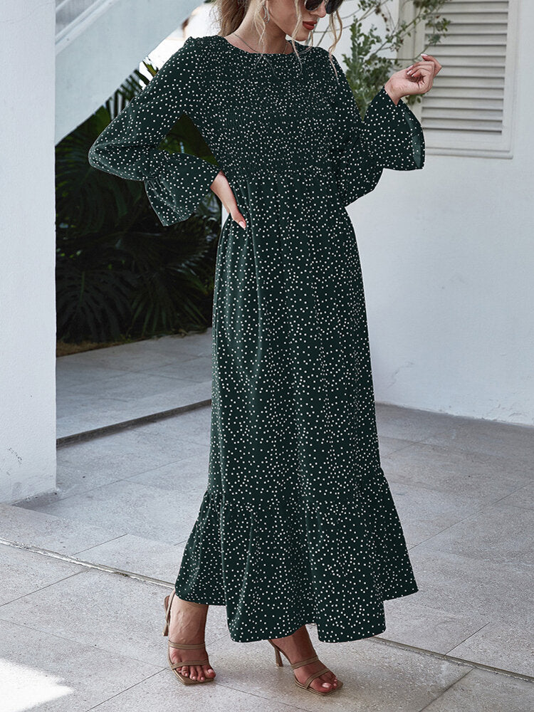 Women Polka Dot Print Pleated O-Neck Casual Long Sleeve Layered Maxi Dress