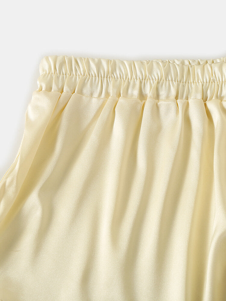 Mens Solid Color Soft Silk Breathable Loose Lightweight Home Elastic Mid Waist Boxers