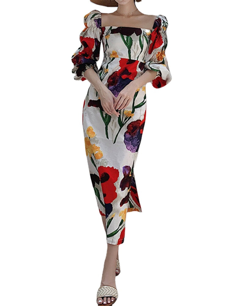 Flower Print Puff Sleeve Square Neck Zipper Back Side Split Elegant Dress For Women