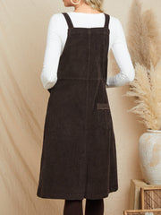 Women Corduroy Vintage Solid Pocket Sleeveless Button Strap MIdi Dress