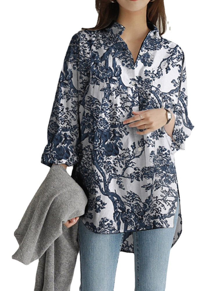 Women Floral Print Lapel Collar High Low Split Hem Long Sleeve Casual Shirts