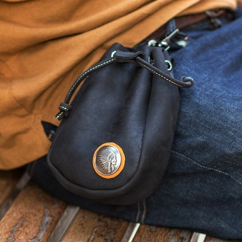 Men Genuine Leather Retro String Pocket Badge Decoration Waist Bag 6.3 Inch Phone