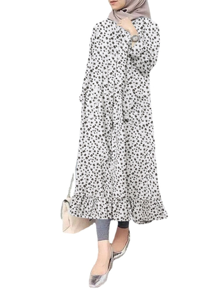 Ditsy Floral Button Ruffle Long Sleeve Maxi Dress