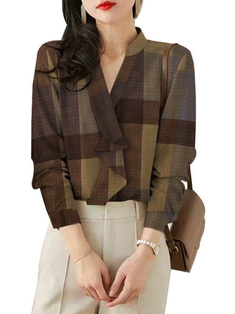 Plaid Print Long Sleeve Stand Collar Blouse For Women