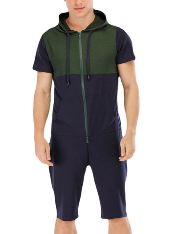 Men New Fashion Casual Patchwork Short Sleeve Jumpsuit Sleepwear