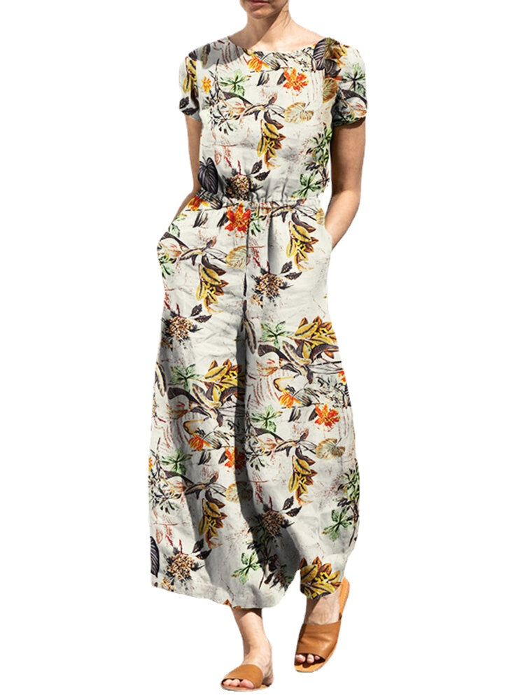 Plant Print Pocket Sash Round Neck Short Sleeve Cotton Jumpsuit