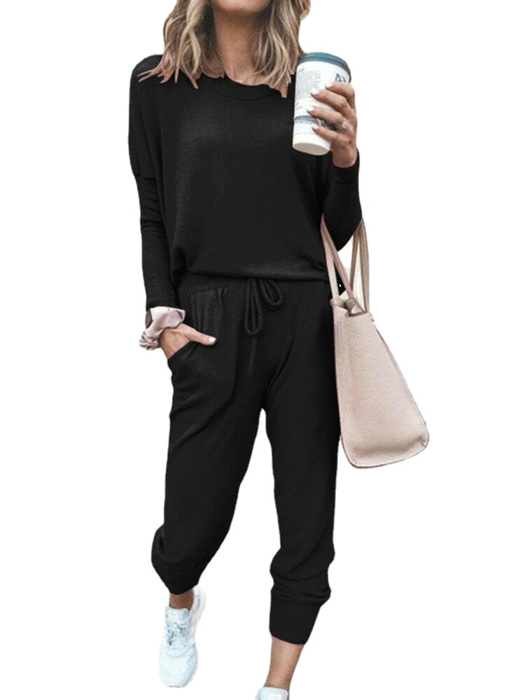 Women Daily Casual Home Solid Color Sweatshirt Sports Two-piece Set Pants Tracksuit