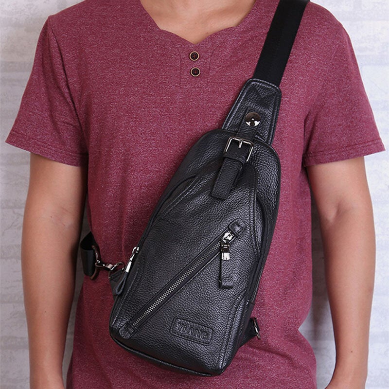 Men Genuine Leather Chest Bag Shoulder Crossbody