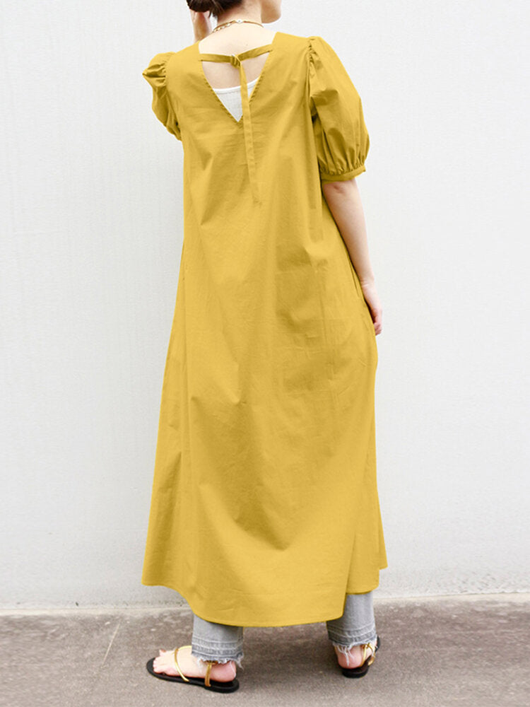 Woman Puff Sleeve Holiday Solid Maxi Dress