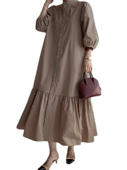 Women Solid Color Button Down Front 3/4 Sleeve Maxi Dresses