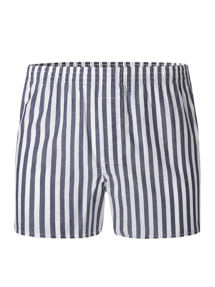 Mens 100% Cotton Basic Striped Breathable Loose Fit Home Lounge Shorts Boxers With Pocket