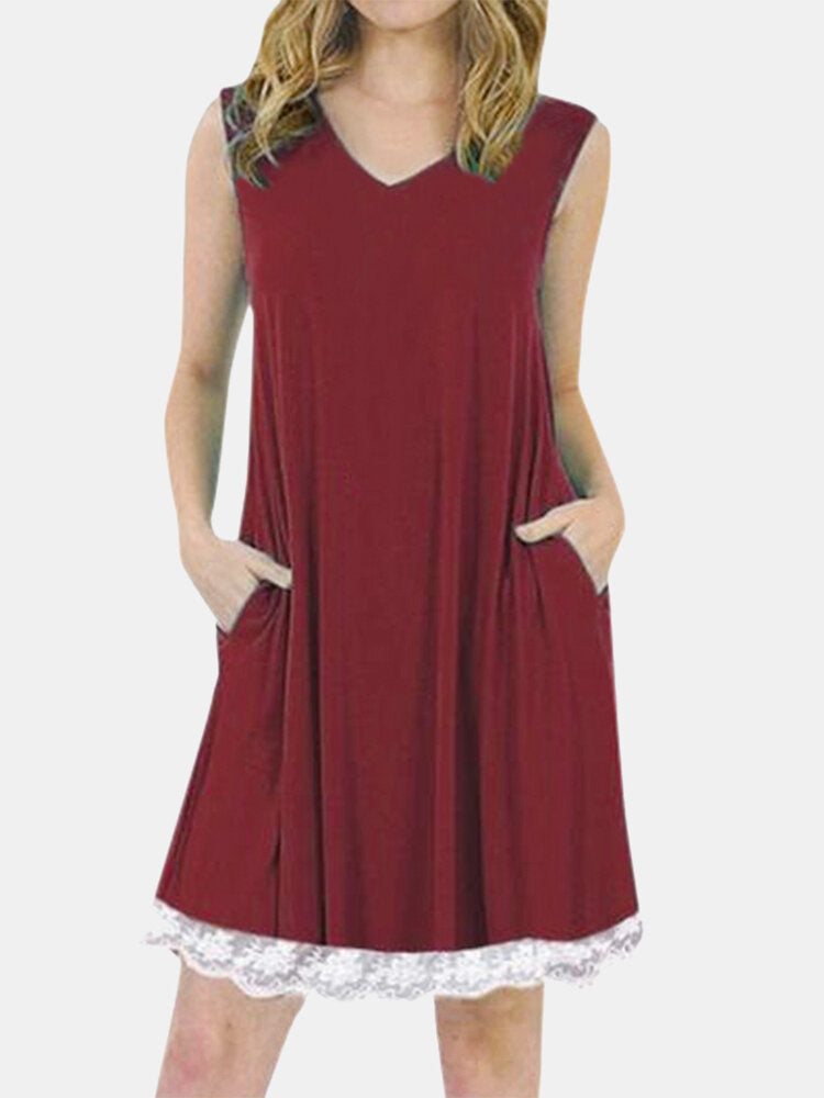 Summer Lace Patchwork Sleeveless Loungewear V-neck Daily Casual Dress