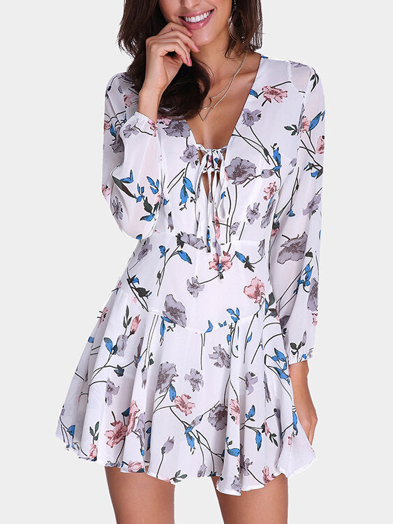 Random Floral Print Zip Back Lace-up Long Sleeve Mini Dress