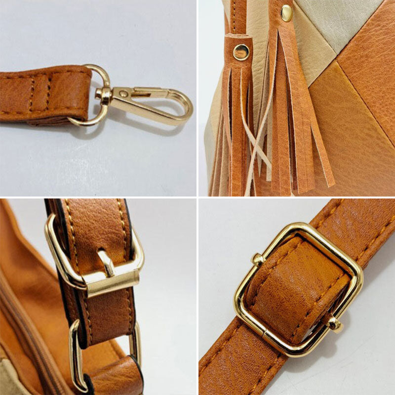 Women Faux Leather Fashion Color Block Tassel Crossbody Bag Shoulder Bag