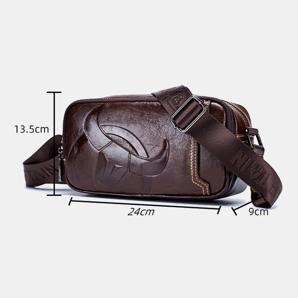 Men Wear Resistant Front Zipper Pocket Multifunction Crossbody Bag Retro Genuine Leather 6.5 Inch Phone Shoulder