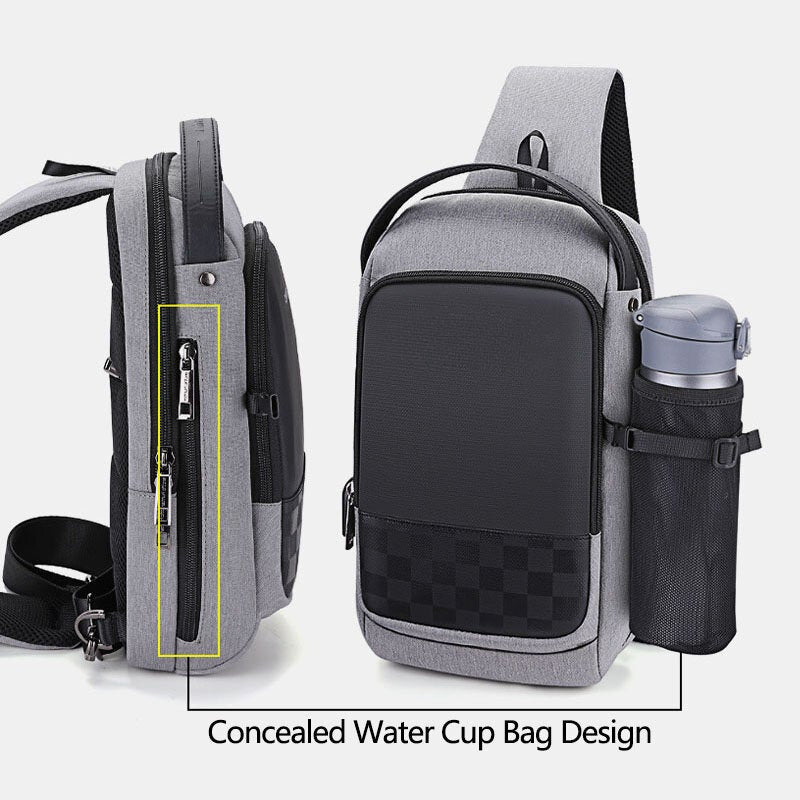 Men's Waterproof Oxford Crossbody Bag with USB Charging, Large Capacity, Concealed Side Water Cup Holder