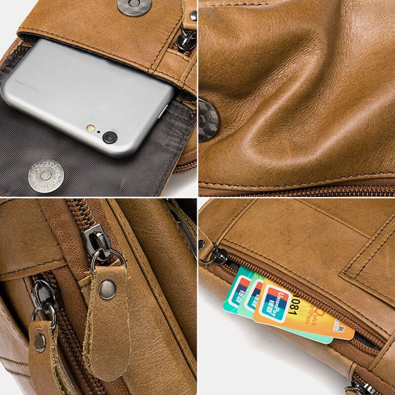 Men Multi-pocket Genuine Leather Belt Bag With Hook Wear-resistant 6.5 Inch Phone Shoulder Crossbody Bags Waist