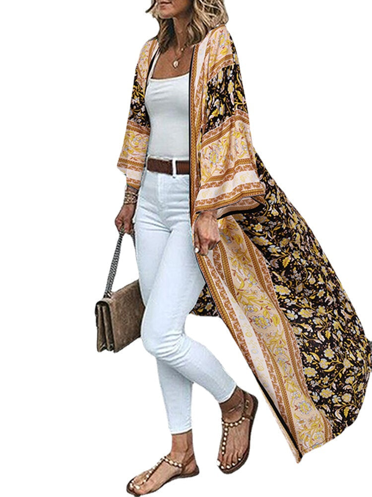 Bohemian Floral Print Loose Open Front Long Sleeve Cardigan