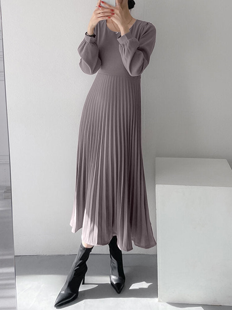 Solor Long Sleeve Round Neck Pleated Elegant Dress With Belt