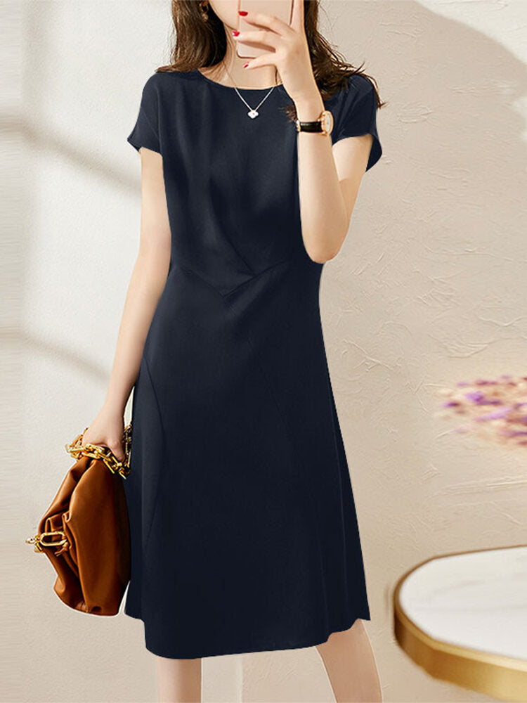 Solid Invisible Zip Side Short Sleeve Crew Neck Dress