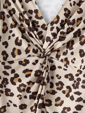 Women Leopard Twist V-Neck Elegant Long Sleeve Dress