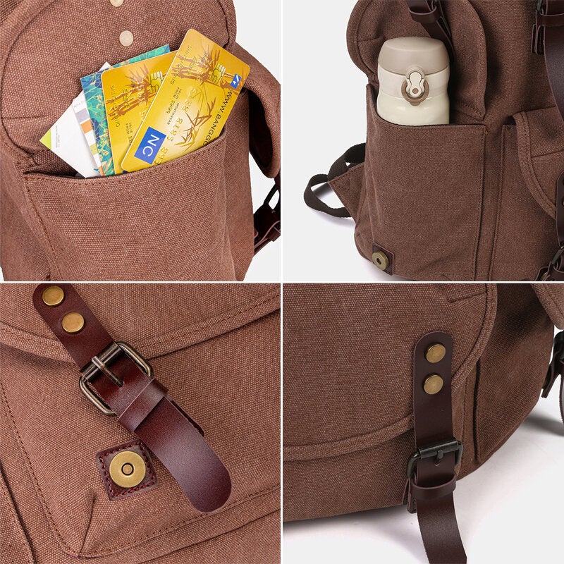 Men Oil Wax Canvas Casual Waterproof Multi-pocket Backpack Large Capacity 15.6 Inch Laptop Bag Shoulder Bag