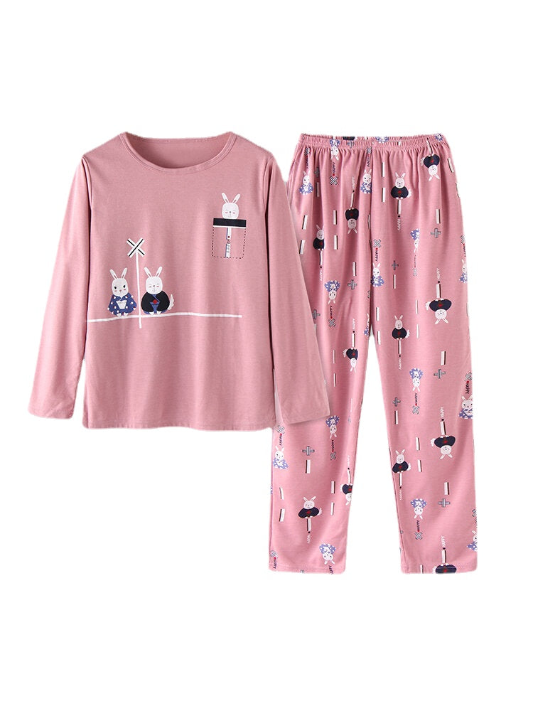 Women Cute Cartoon Animal Print Long Sleeve Pocket Elastic Waist Home Pajama Set