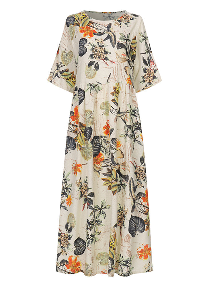 Women Retro Floral Printed Round Neck Three Quarter Sleeve Pleated Maxi Dresses