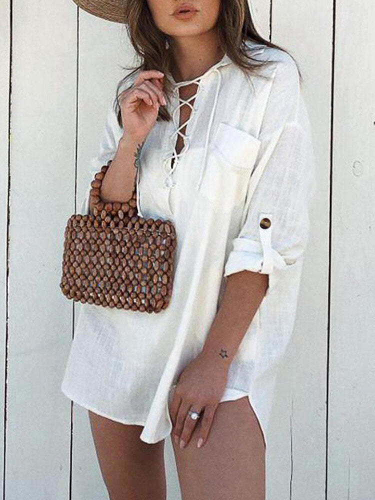 Women V-neck Lace Up Chest Pocket Long Sleeve Button Casual Shirts