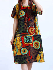 Cotton Women Pattern Printed Short Sleeve O-Neck Dresses