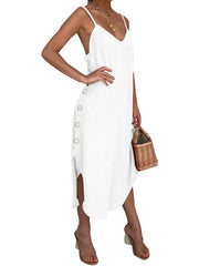 Women Sleeveless Strap V-neck Button Solid Maxi Dress