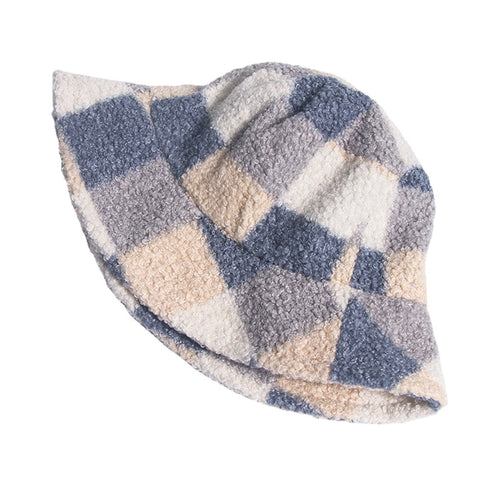 Women Cotton Lamb Hair Warm Casual Fashion All-match Lattice Pattern Bucket Hat