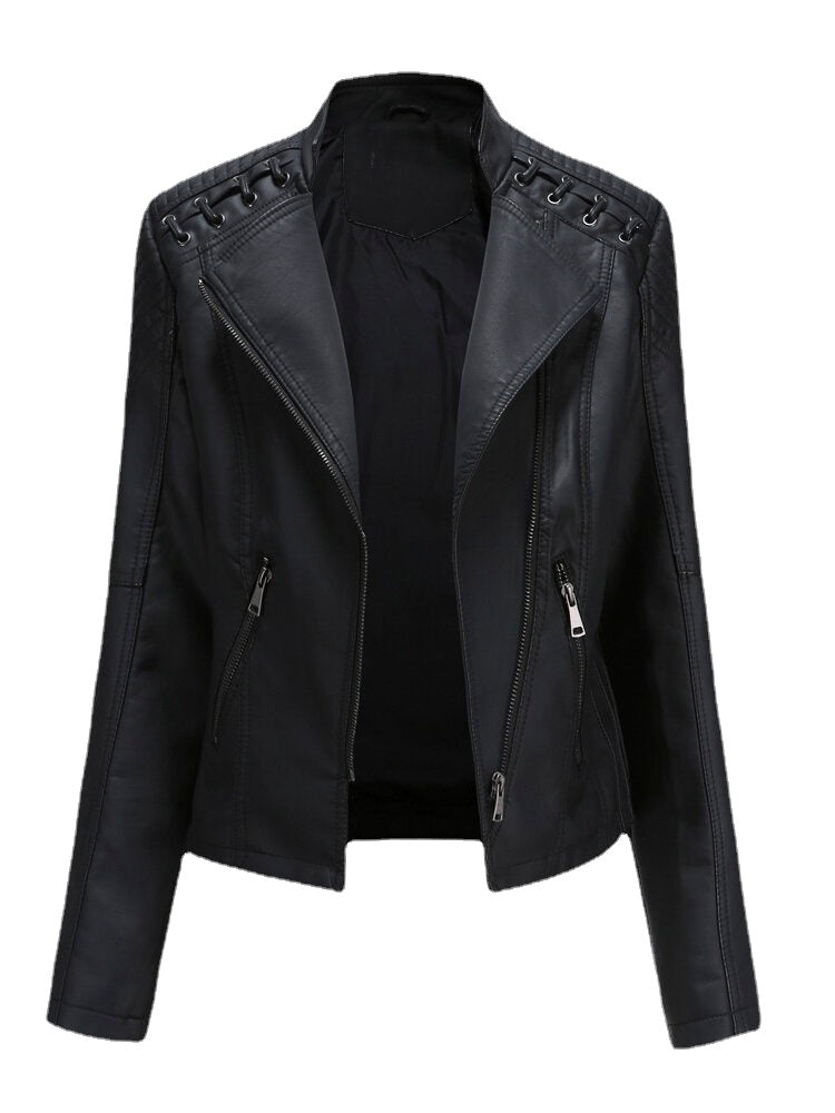 Women Faux PU Leather Solid Color Motorcycle Jacket