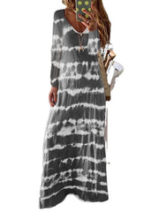 Tie Dye Stripe Print Long Sleeve Casual Loose Maxi Dress