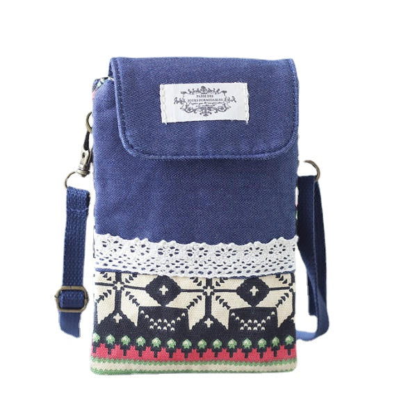 Women Denim Three Interlayers Flower Printing Mini Shoulder Bags Lace Crossbody 6.0'' Phone Bag