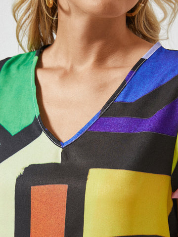 Abstract Pattern V-neck Short Sleeve Print Dress For Women
