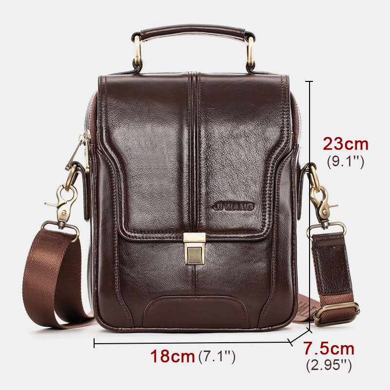 Men Vintage Cowhide Double Zipper Pocket Large Capacity Crossbody Bag Outdoor Travel Multifunction Shoulder