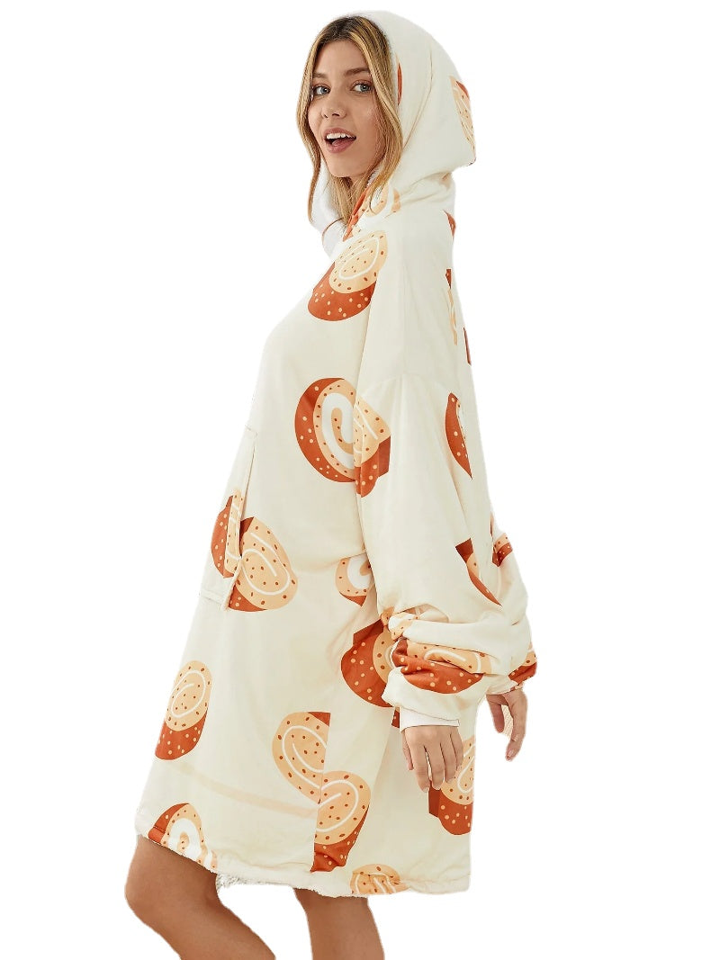 Women Cartoon Bread Print Warm Thicken Loose Home Blanket Hoodie With Kangaroo Pocket