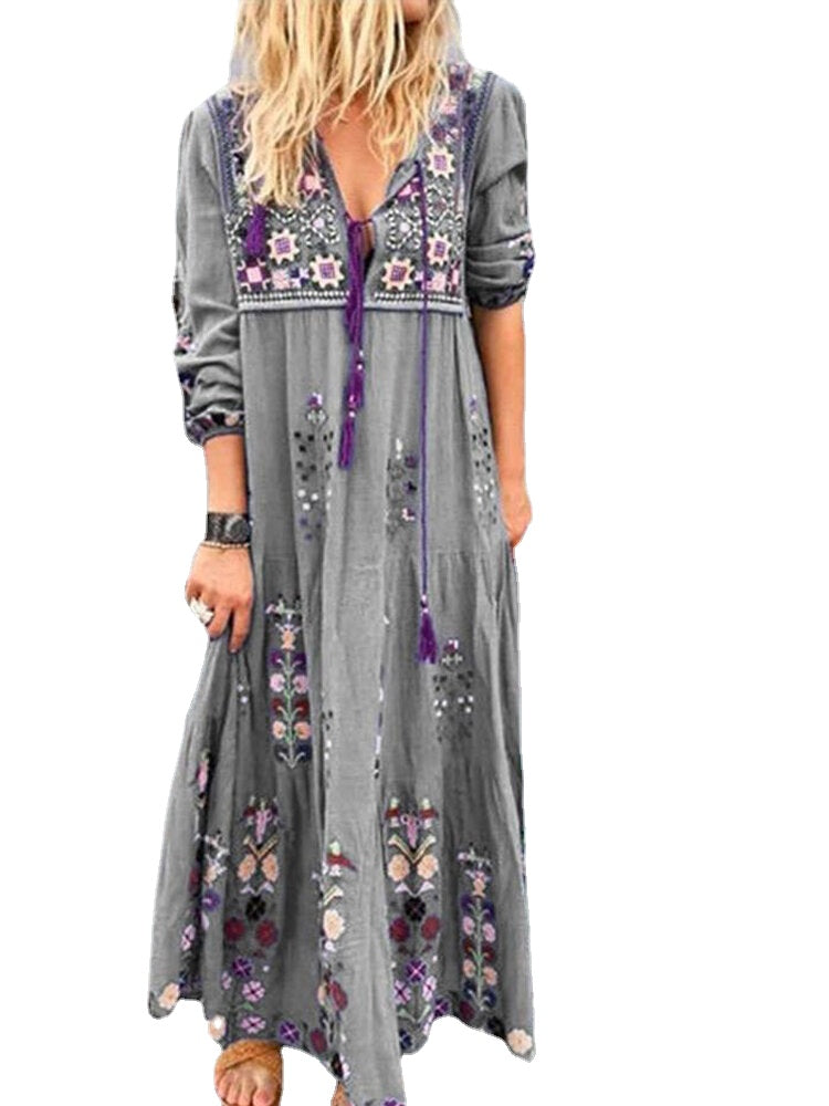 Bohemian Casual Patchwork V Neck Floral Embroidery Maxi Dress