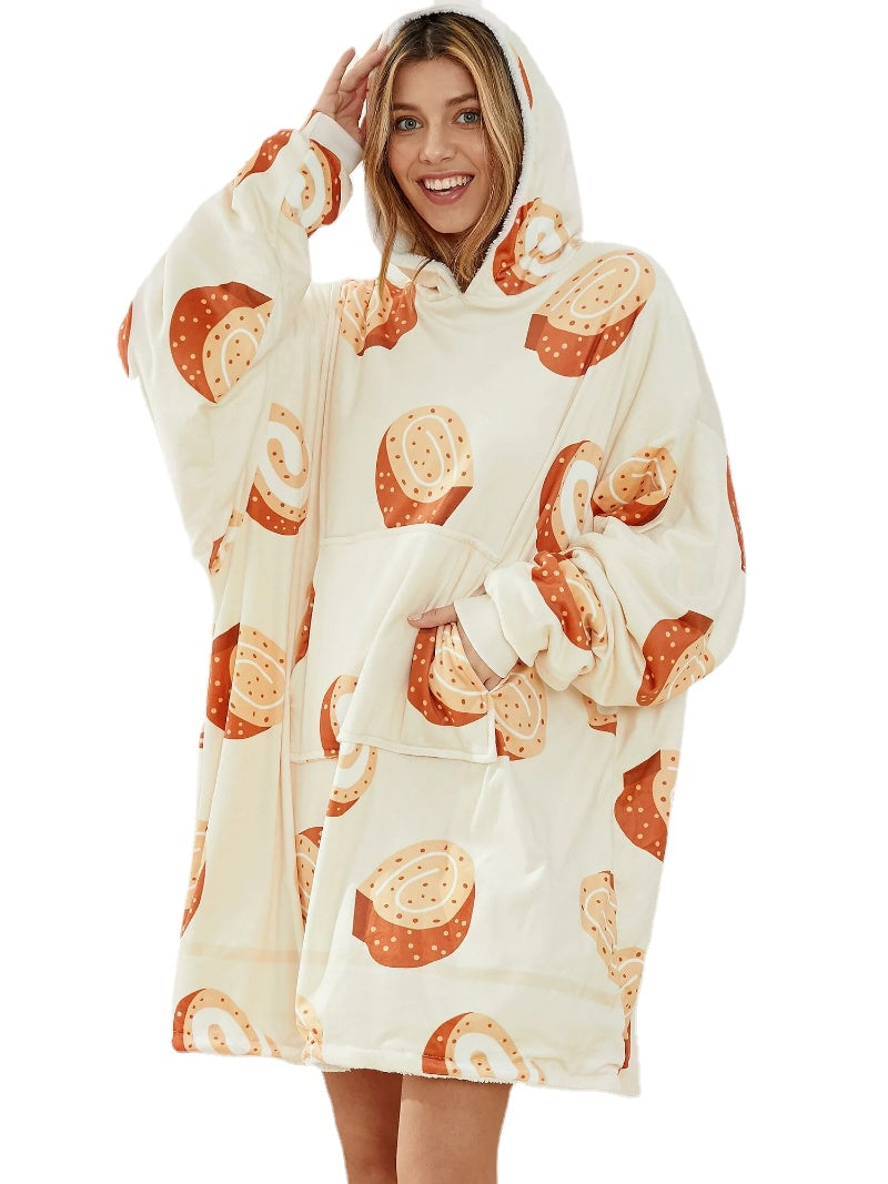 Women Cartoon Bread Print Warm Thicken Loose Home Blanket Hoodie With Kangaroo Pocket