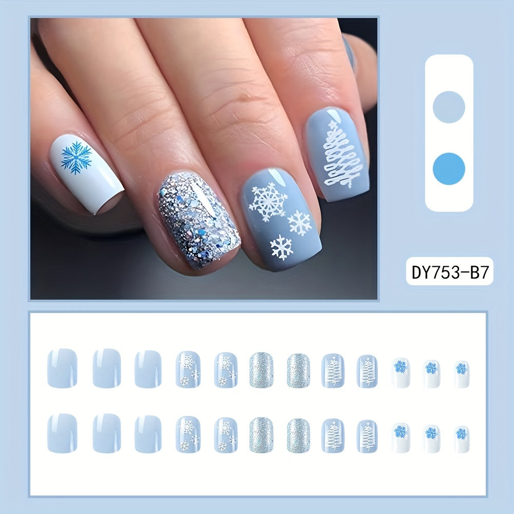 24pcs Glossy Blue Snowflake Press On Nails, Short Square Christmas Fake Nails for Women & Girls