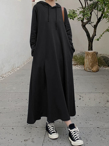 Women Loose Thick Sweatshirt Calf Length Side Pockets Midi Dresses