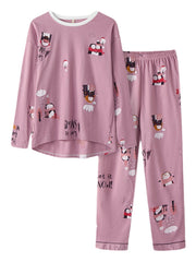 Women Cute Cartoon Pattern Print O-Neck Two-Piece Loose Home Pajamas Sets