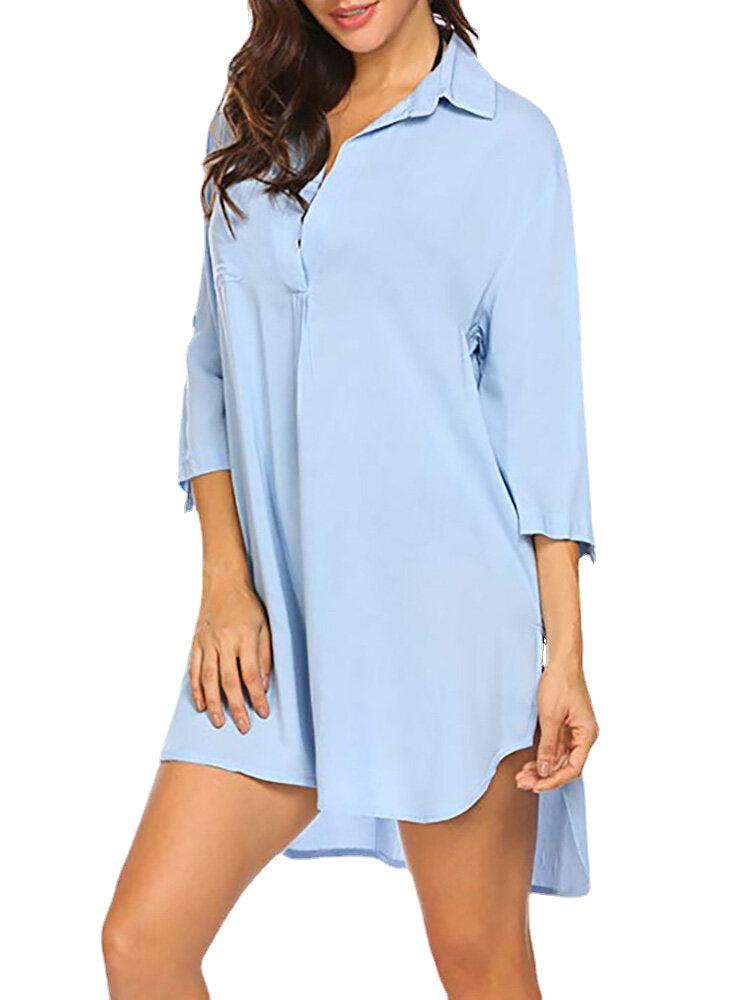 Women Solid Color Cover Up Loose Sun Protection High-Low Hem Beach Dress