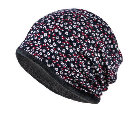 Women Cotton Plus Velvet Overlay Floral Pattern Print Warmth Windproof Dual-use Bib Scarf Beanie Hat