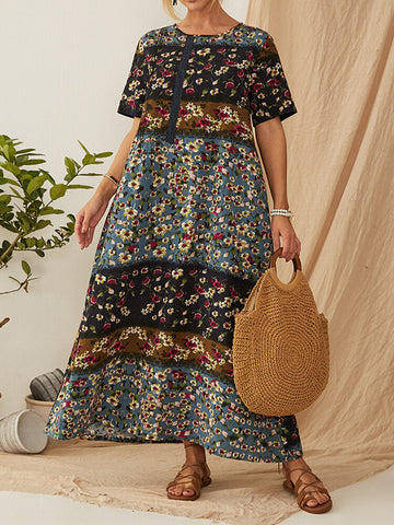 Bohemia Vintage Floral Printed Short Sleeve Button Maxi Dress with Pockets