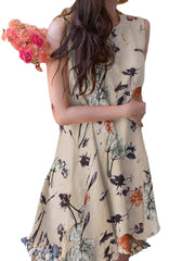 Flower Print Cotton Sleeveless Round Neck Casual Midi Dress